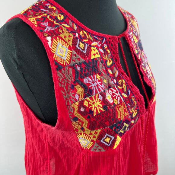 Free People Lohri Red Embroidered Tie Keyhole Neck Tassel Boho Tank Top Size XS - Picture 3 of 6